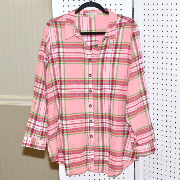 Plus Size 18/20 Woman Within Pink Plaid Flannel Long Sleeve Button Down Shirt - Picture 1 of 9
